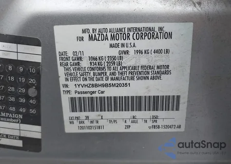 2011 Mazda Mazda6 I Sport z USA, uszkodzony, nr VIN 1YVHZ8BH9B5M20351